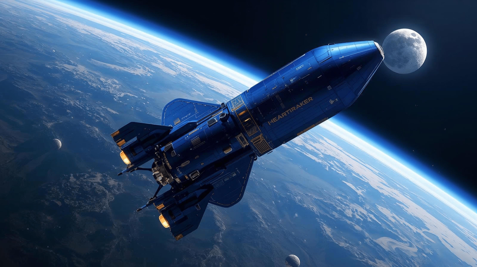 HEARTRAKER II heavy-lift vehicle in flight above Earth