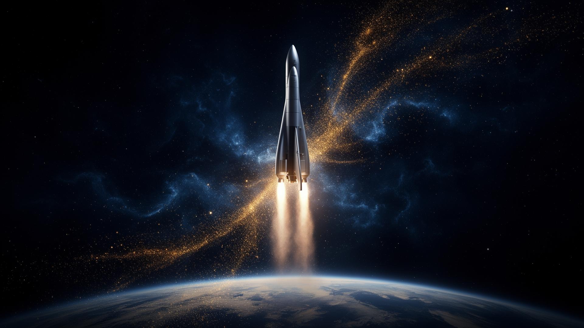 Rocket ascending through a cosmic nebula